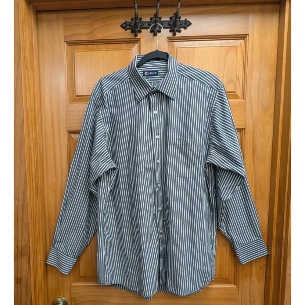 Chaps Men's Shirt 16 - 16 1/2 Large 34/35 Gray White Striped Button-Down Front